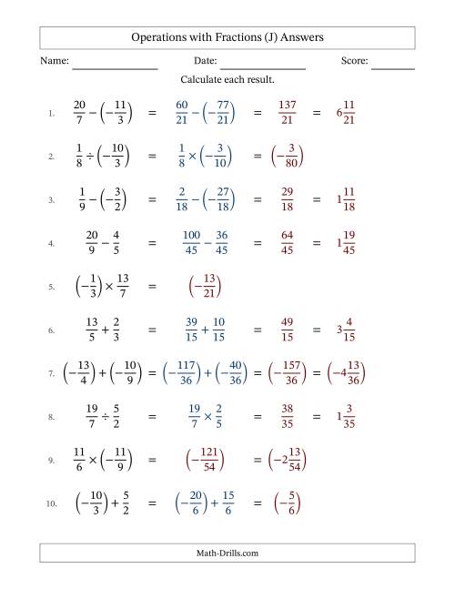 The Mixed Operations with Two Fractions with Unlike Denominators, Mixed Fractions Results and Some Simplifying Including Negative Values (Fillable) (J) Math Worksheet Page 2