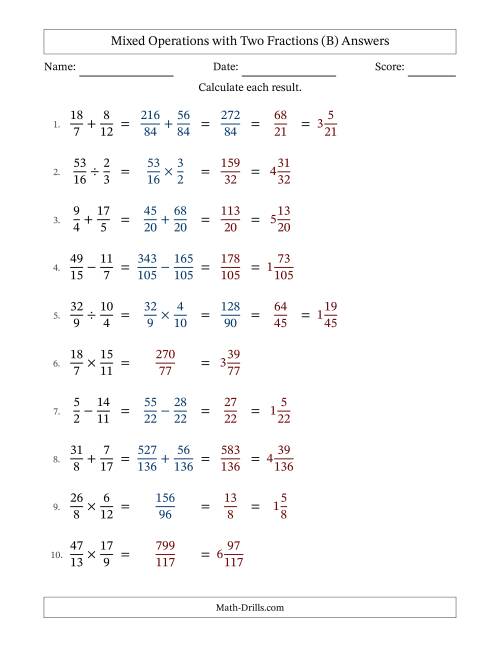 Mixed Operations with Two Fractions Including Improper Fractions (B)