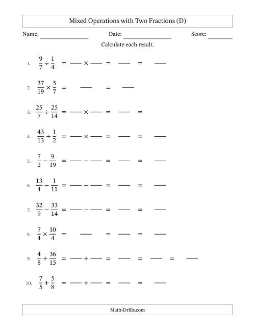 The Mixed Operations with Two Fractions with Unlike Denominators, Mixed Fractions Results and Some Simplifying (Fillable) (D) Math Worksheet