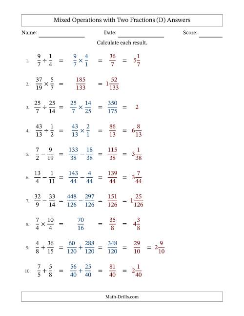 The Mixed Operations with Two Fractions with Unlike Denominators, Mixed Fractions Results and Some Simplifying (Fillable) (D) Math Worksheet Page 2