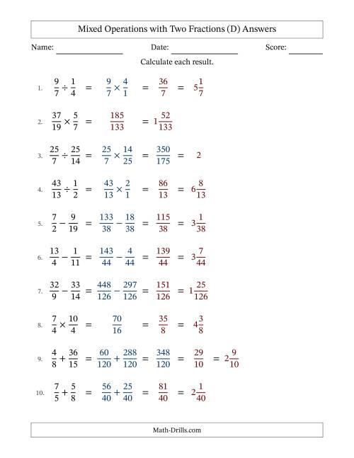 Mixed Operations with Two Fractions Including Improper Fractions (D)