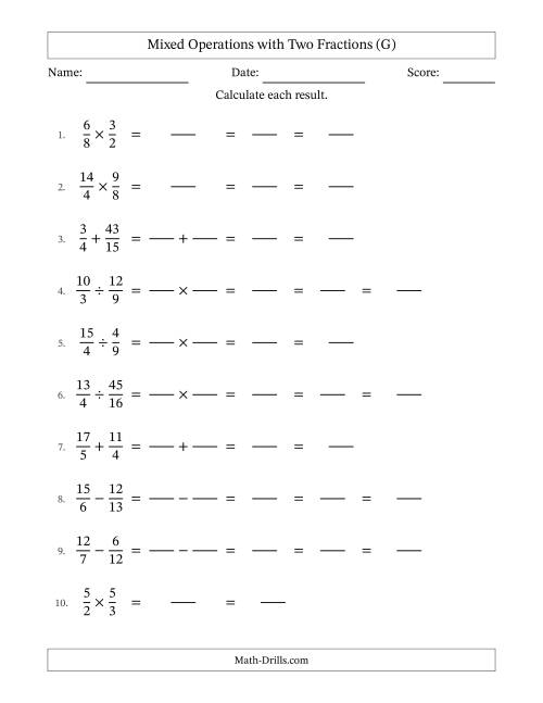 The Mixed Operations with Two Fractions with Unlike Denominators, Mixed Fractions Results and Some Simplifying (Fillable) (G) Math Worksheet