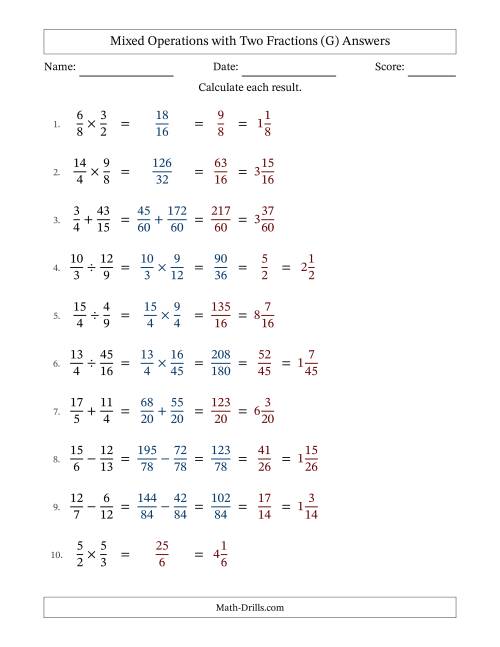 The Mixed Operations with Two Fractions with Unlike Denominators, Mixed Fractions Results and Some Simplifying (Fillable) (G) Math Worksheet Page 2