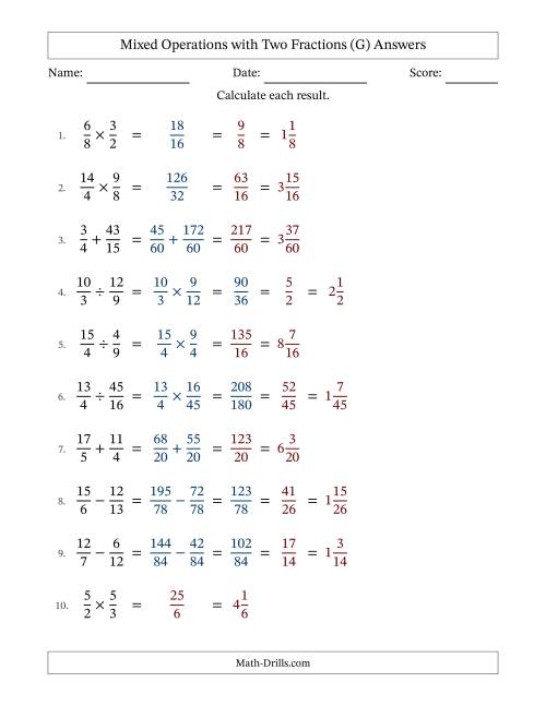 Mixed Operations with Two Fractions Including Improper Fractions (G)