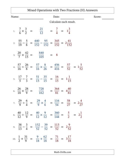 Mixed Operations with Two Fractions Including Improper Fractions (H)