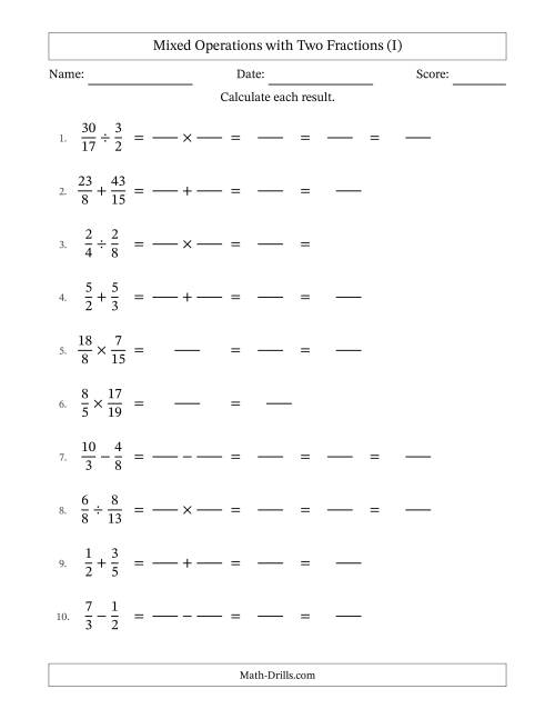 Mixed Operations with Two Fractions Including Improper Fractions (I)