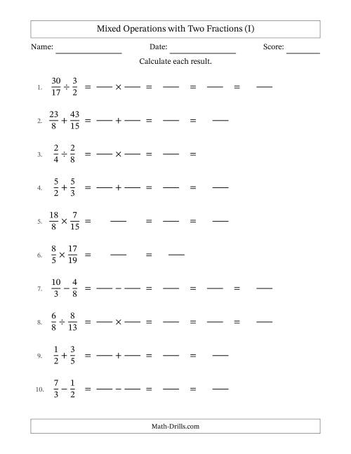 The Mixed Operations with Two Fractions with Unlike Denominators, Mixed Fractions Results and Some Simplifying (Fillable) (I) Math Worksheet