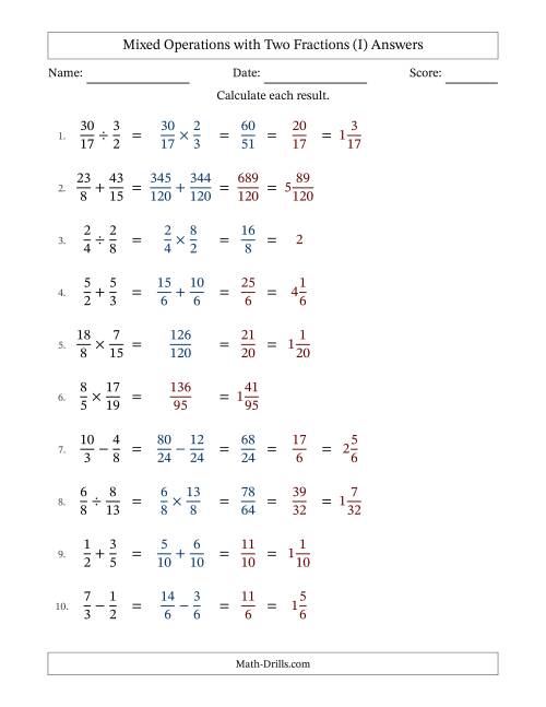 Mixed Operations with Two Fractions Including Improper Fractions (I)