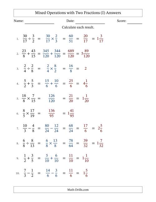 The Mixed Operations with Two Fractions with Unlike Denominators, Mixed Fractions Results and Some Simplifying (Fillable) (I) Math Worksheet Page 2