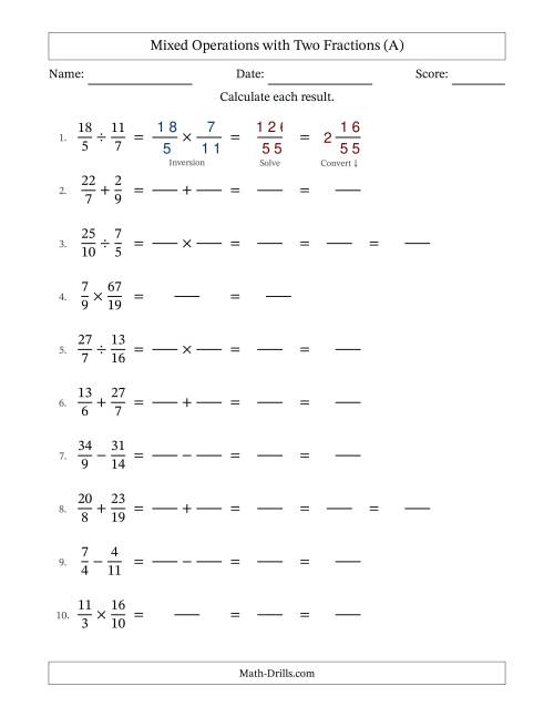 The Mixed Operations with Two Fractions with Unlike Denominators, Mixed Fractions Results and Some Simplifying (Fillable) (All) Math Worksheet