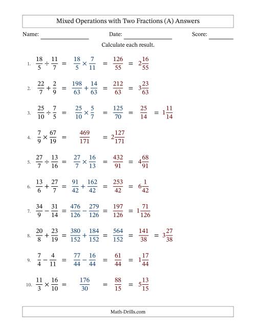 The Mixed Operations with Two Fractions with Unlike Denominators, Mixed Fractions Results and Some Simplifying (Fillable) (All) Math Worksheet Page 2