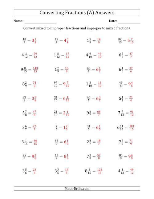 Converting Between Mixed And Improper Fractions All 