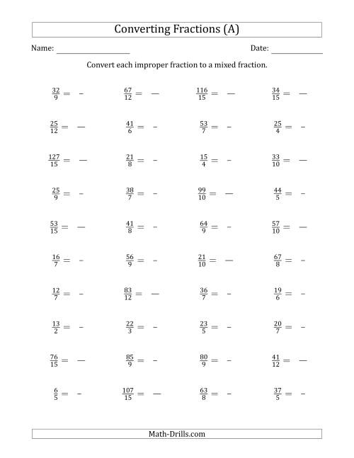 Converting Improper Fractions To Mixed Fractions A 