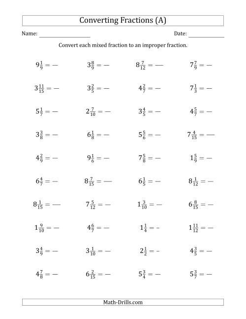 The Converting Mixed Fractions to Improper Fractions (A) Math Worksheet