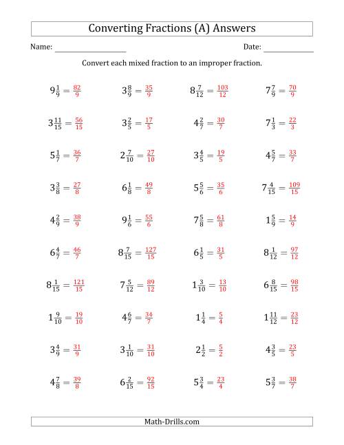 The Converting Mixed Fractions to Improper Fractions (A) Math Worksheet Page 2