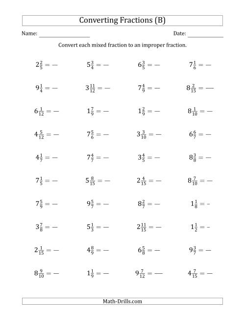 The Converting Mixed Fractions to Improper Fractions (B) Math Worksheet