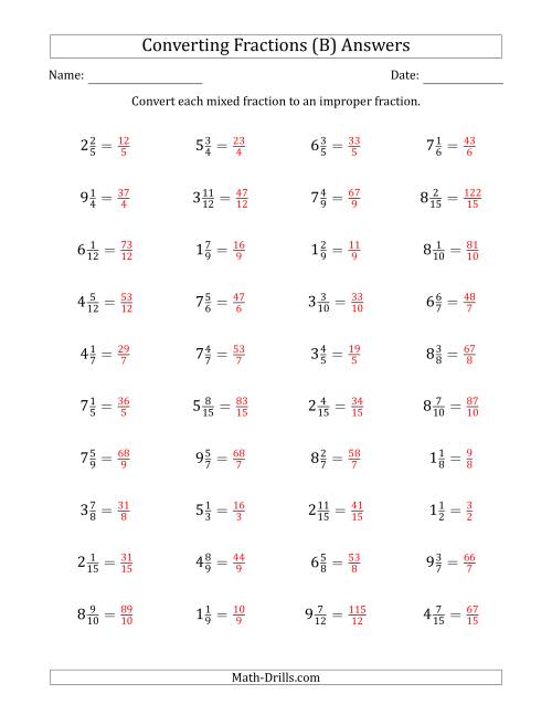 The Converting Mixed Fractions to Improper Fractions (B) Math Worksheet Page 2