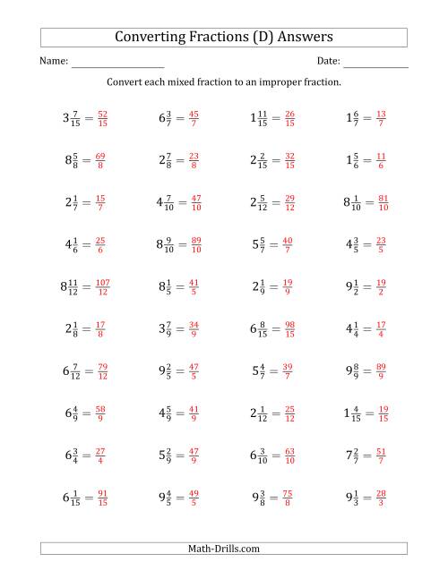 The Converting Mixed Fractions to Improper Fractions (D) Math Worksheet Page 2