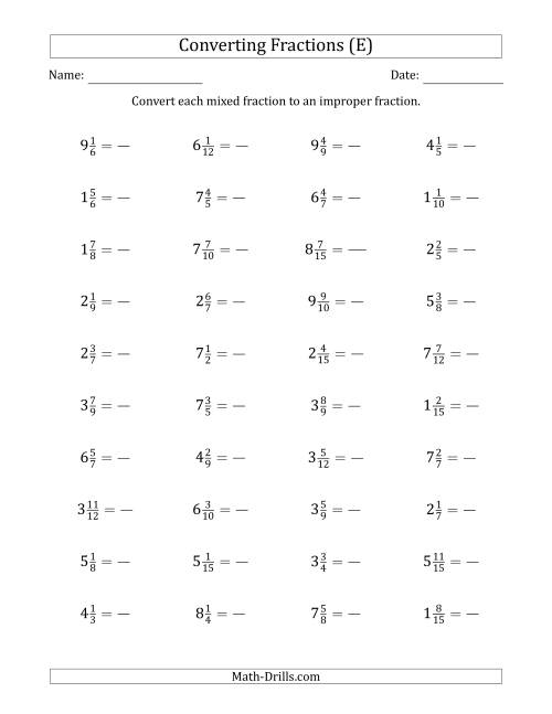 The Converting Mixed Fractions to Improper Fractions (E) Math Worksheet