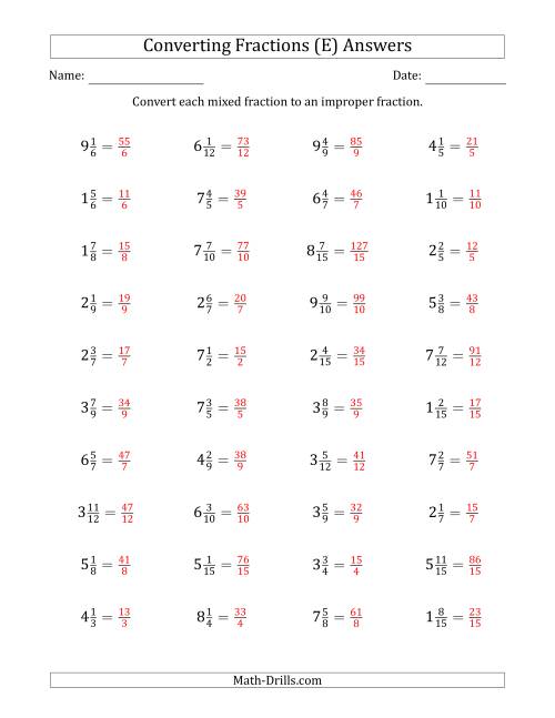 The Converting Mixed Fractions to Improper Fractions (E) Math Worksheet Page 2