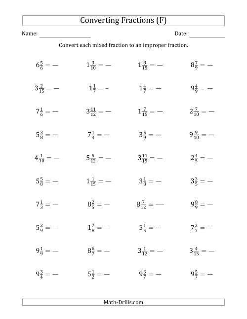 The Converting Mixed Fractions to Improper Fractions (F) Math Worksheet