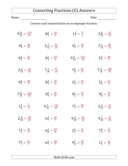 The Converting Mixed Fractions to Improper Fractions (G) Math Worksheet Page 2
