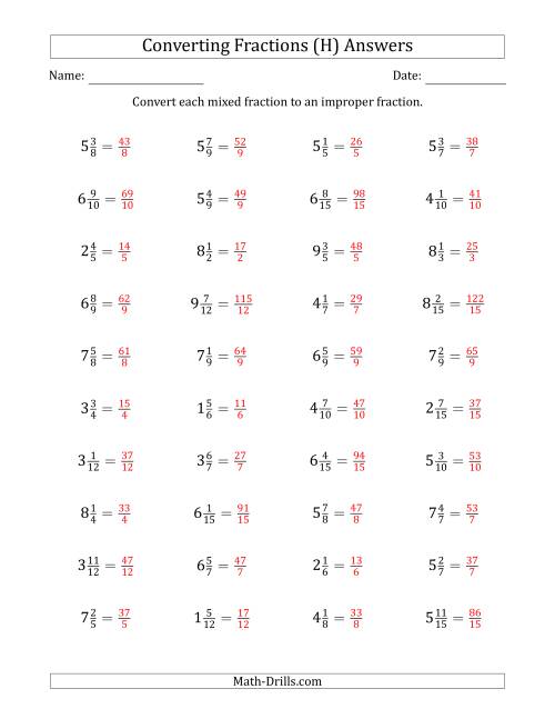 The Converting Mixed Fractions to Improper Fractions (H) Math Worksheet Page 2