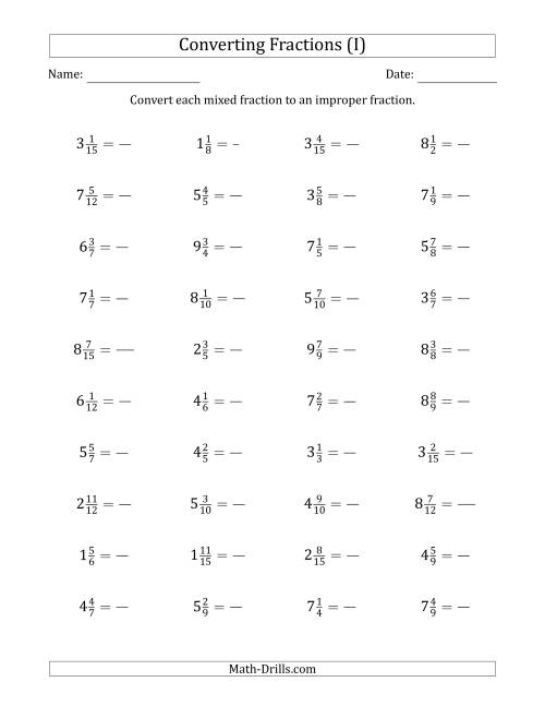 The Converting Mixed Fractions to Improper Fractions (I) Math Worksheet