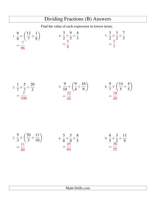 The Dividing and Simplifying Proper and Improper Fractions with Three Terms (B) Math Worksheet Page 2