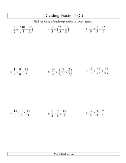 The Dividing and Simplifying Proper and Improper Fractions with Three Terms (C) Math Worksheet