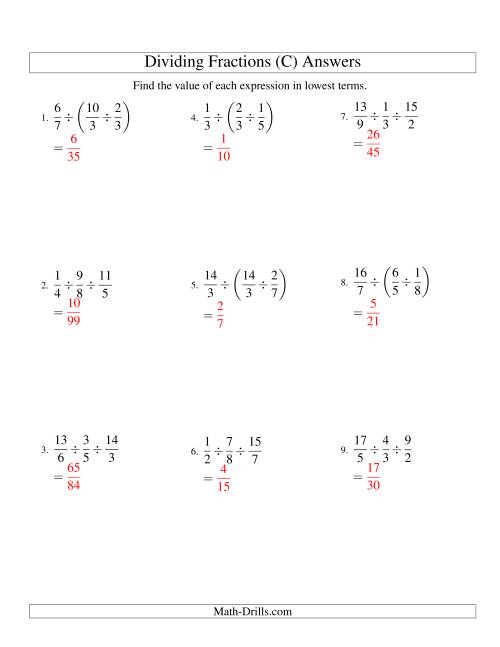 The Dividing and Simplifying Proper and Improper Fractions with Three Terms (C) Math Worksheet Page 2