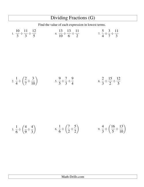 The Dividing and Simplifying Proper and Improper Fractions with Three Terms (G) Math Worksheet