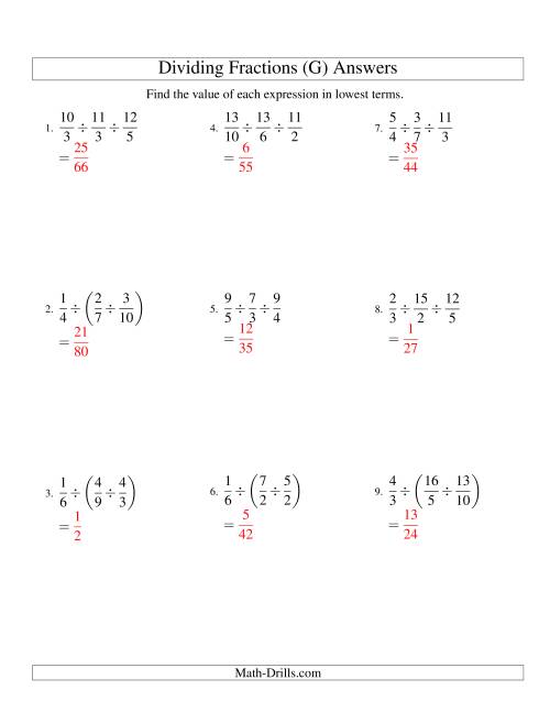 The Dividing and Simplifying Proper and Improper Fractions with Three Terms (G) Math Worksheet Page 2