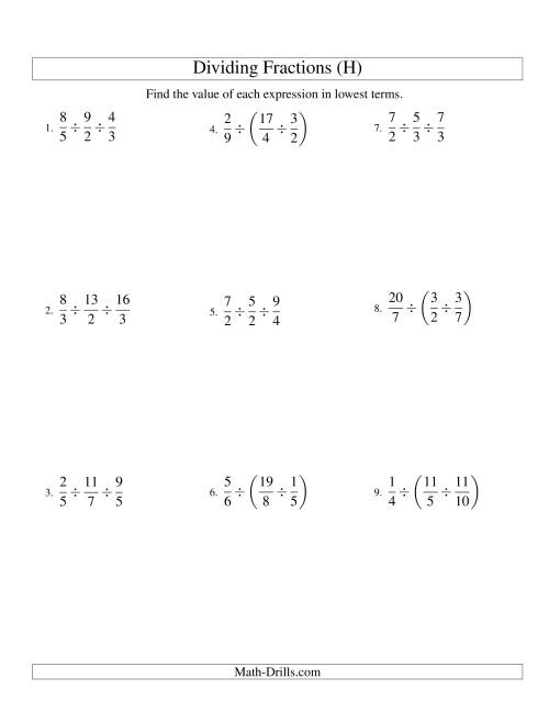 The Dividing and Simplifying Proper and Improper Fractions with Three Terms (H) Math Worksheet