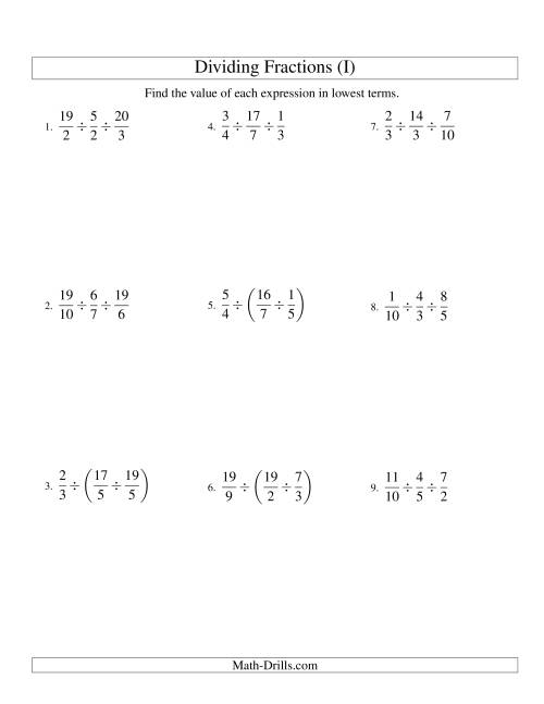 The Dividing and Simplifying Proper and Improper Fractions with Three Terms (I) Math Worksheet