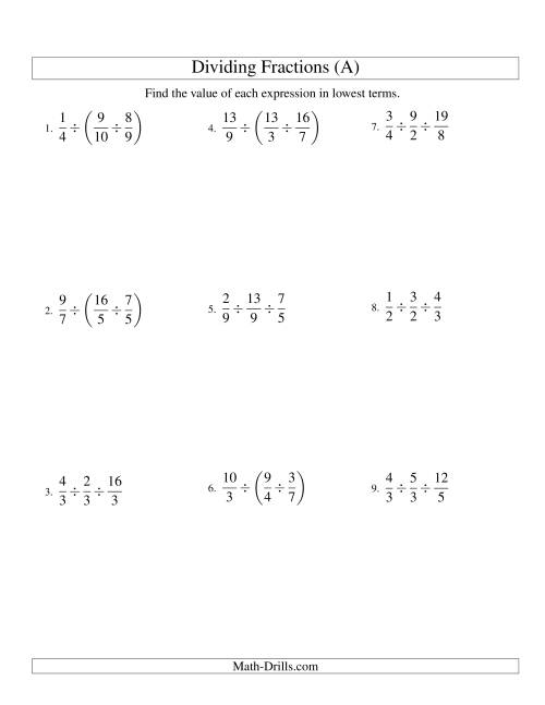 The Dividing and Simplifying Proper and Improper Fractions with Three Terms (All) Math Worksheet
