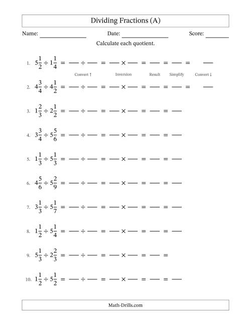 The Dividing Two Mixed Fractions with All Simplifying (Fillable) (A) Math Worksheet