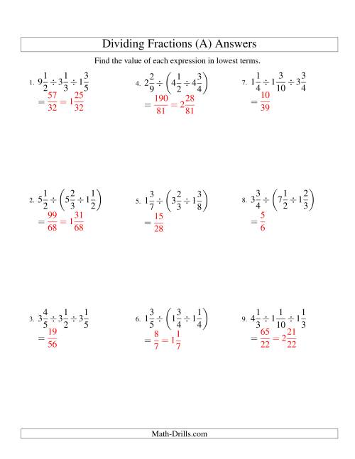 The Dividing and Simplifying Mixed Fractions with Three Terms (A) Math Worksheet Page 2