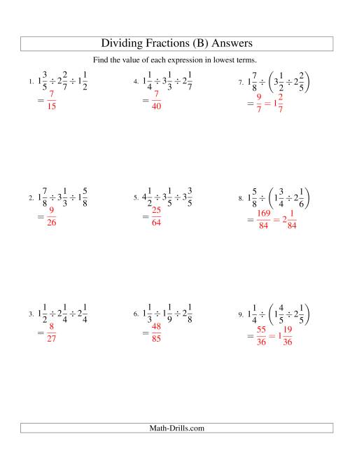 The Dividing and Simplifying Mixed Fractions with Three Terms (B) Math Worksheet Page 2