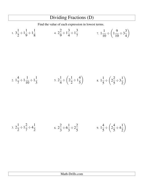 The Dividing and Simplifying Mixed Fractions with Three Terms (D) Math Worksheet