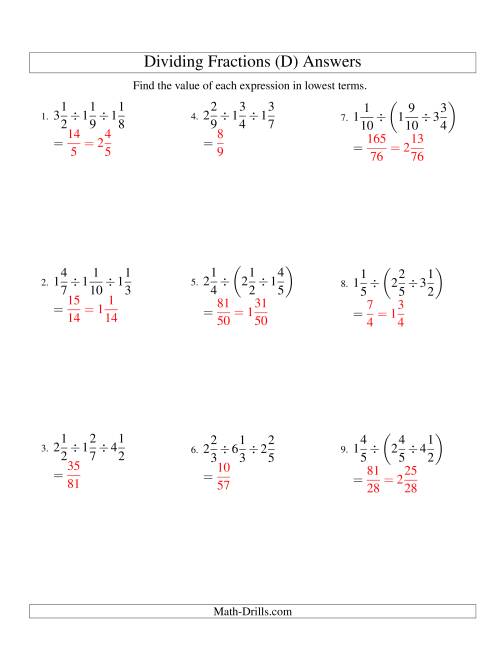 The Dividing and Simplifying Mixed Fractions with Three Terms (D) Math Worksheet Page 2