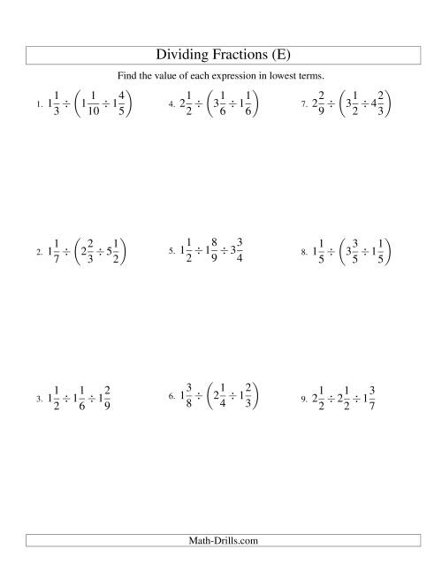 The Dividing and Simplifying Mixed Fractions with Three Terms (E) Math Worksheet