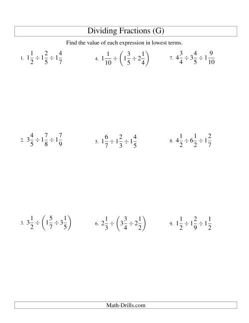 The Dividing and Simplifying Mixed Fractions with Three Terms (G) Math Worksheet