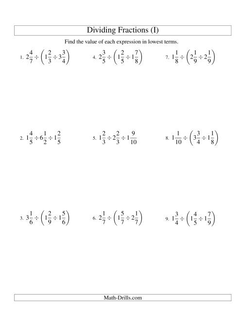 The Dividing and Simplifying Mixed Fractions with Three Terms (I) Math Worksheet