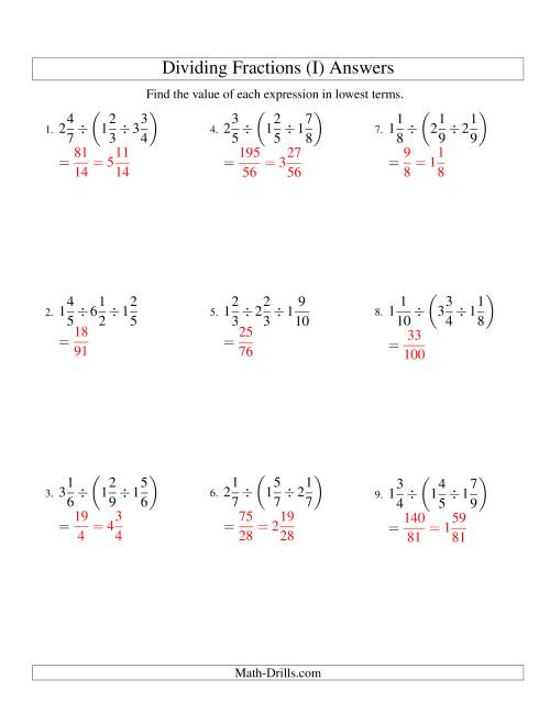 The Dividing and Simplifying Mixed Fractions with Three Terms (I) Math Worksheet Page 2