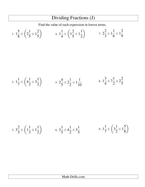 The Dividing and Simplifying Mixed Fractions with Three Terms (J) Math Worksheet