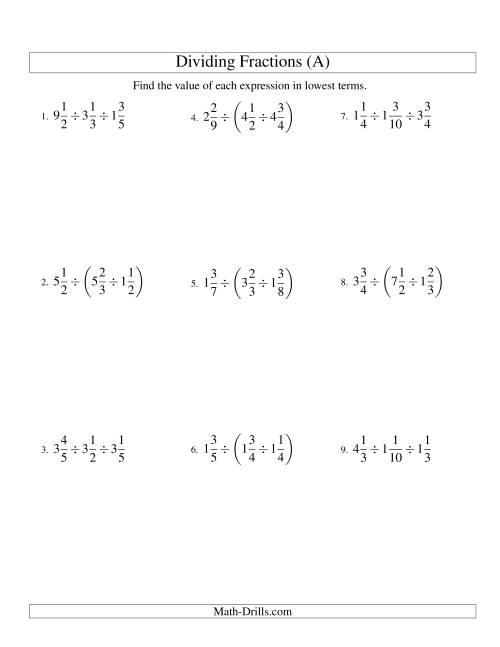 The Dividing and Simplifying Mixed Fractions with Three Terms (All) Math Worksheet