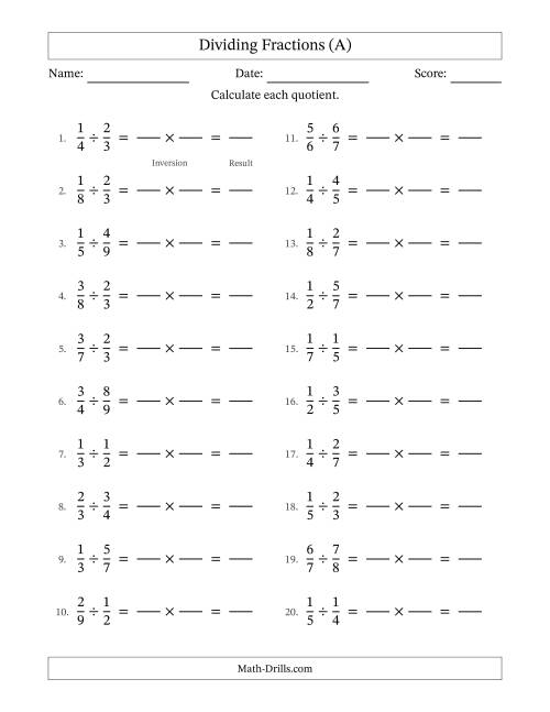 The Dividing Two Proper Fractions with No Simplifying (Fillable) (A) Math Worksheet