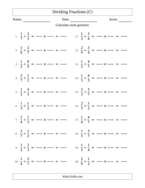 The Dividing Two Proper Fractions with No Simplification (Fillable) (C) Math Worksheet