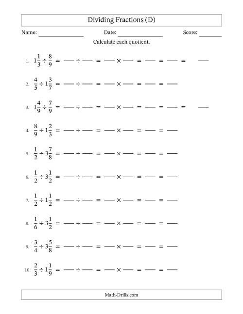The Dividing Proper and Mixed Fractions with All Simplification (Fillable) (D) Math Worksheet